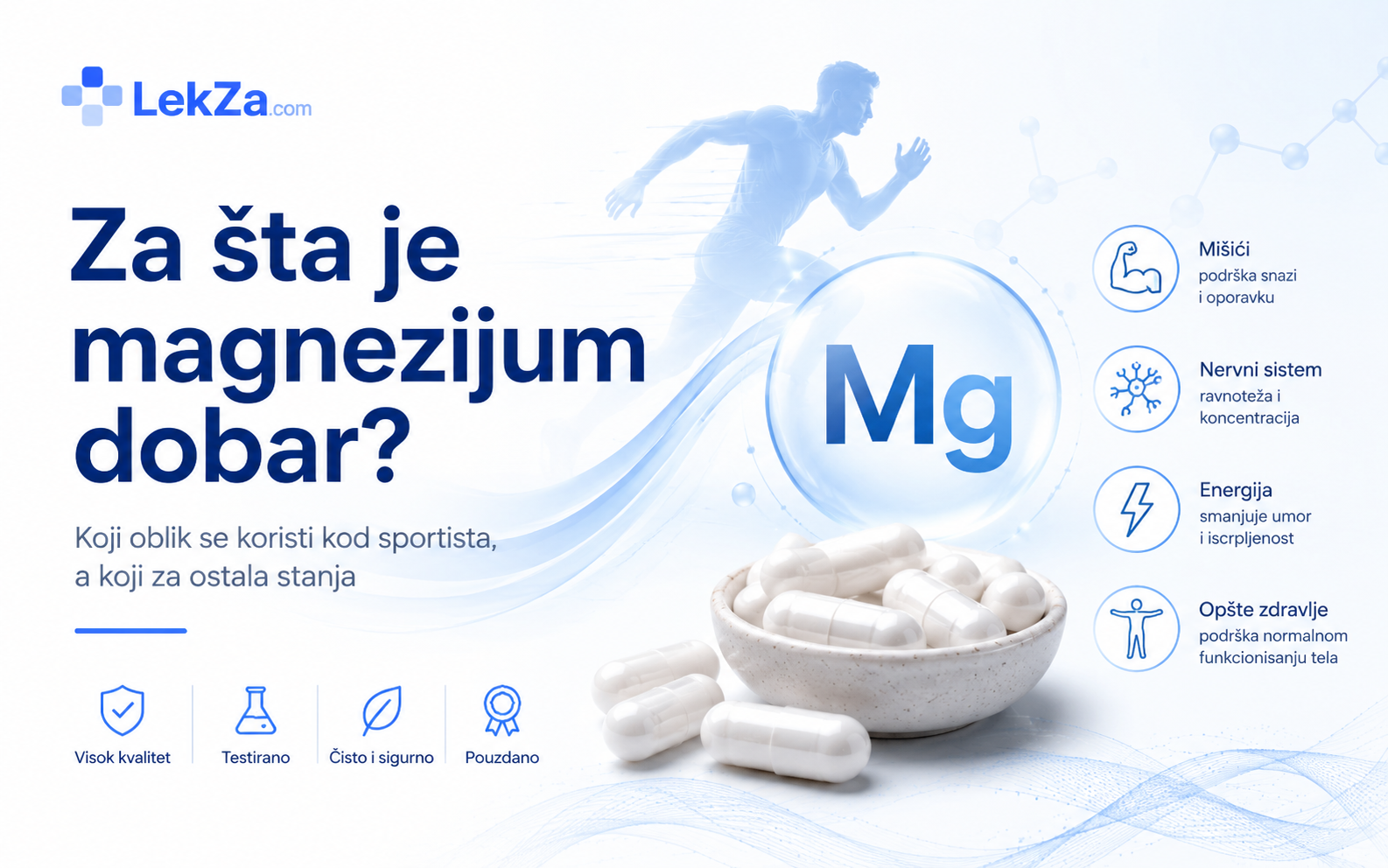 Kapsule magnezijuma, oznaka Mg i sportista u pokretu
